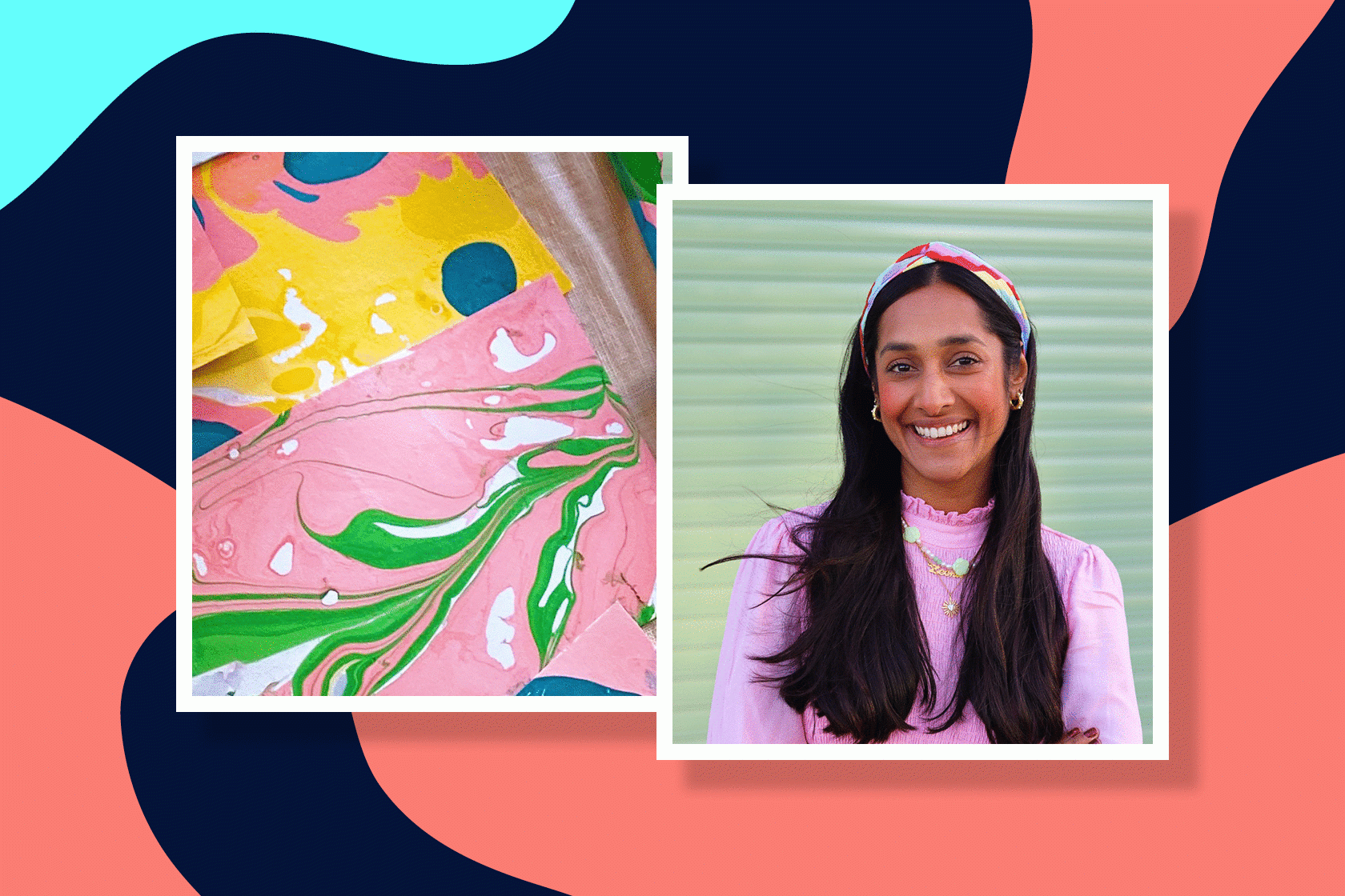 Influencer Zeena Shah in composite image next to DIY paper in marble design