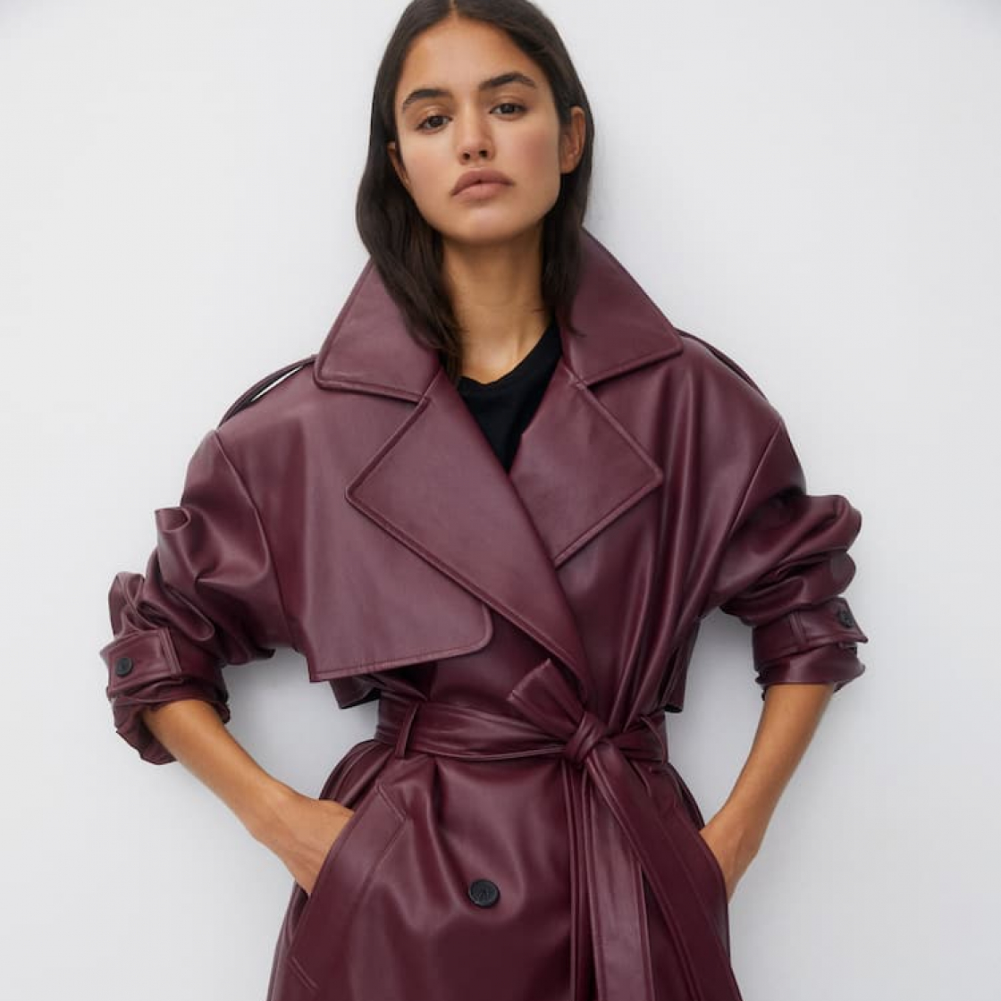 Bershka faux leather trench coat in burgundy